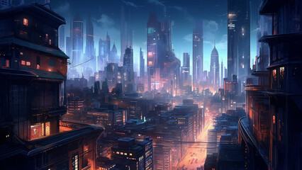 巨大都市の夜のアニメ背景 Nighttime Animated Backgrounds in Large Cities Generative AI 画像生成AI