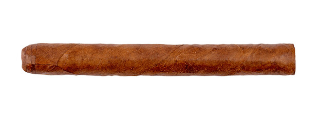Real long cigar by tobacco leaves isolated on white, top view, clipping path