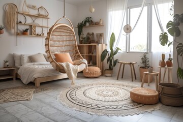 A seaside bohemian bedroom with a hanging macrame egg chair, a wood stool, and a patio and garden in the backdrop. Generative AI