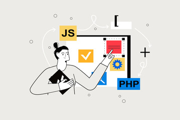 Web design line concept with people scene in the flat cartoon design. Designer work on creating content for a new web site.