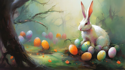 Easter Bunny Background with Painted Chocolate eggs, Abstract Artwork, Digital Illustration, Generative AI