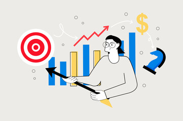 Business target line concept with people scene in the flat cartoon style. Manager explains to employees what they need to focus their attention on at work.