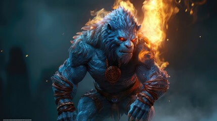 Fire Gorilla, Ornate Ice Blue Fire Clothing, Fiery Eyes. Generative AI
