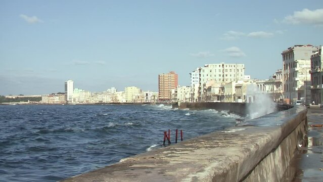 Waves breaking on the shore in Havana, Cuba