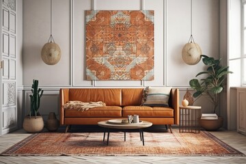 Boho home mockup with orange tiles and leather couch. Generative AI
