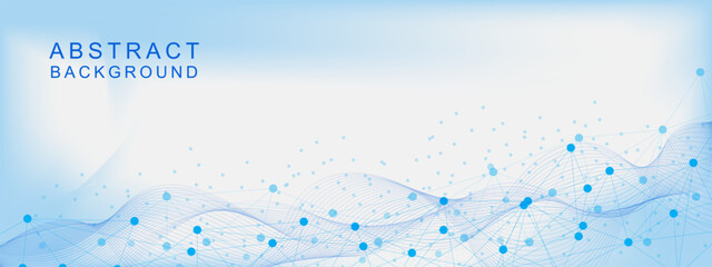 Abstract geometric lines and dots connection with wave flow. Global network communication, internet, medicine, chemistry, science and technology background concept.