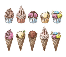 A hand-drawn colored sketch of a waffle cones and ice cream balls, frozen yoghurt or cupcakes in cups. Vintage illustration. Set. Element for the design of labels, packaging and postcards.
