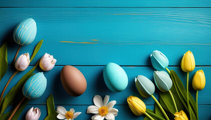 Easter eggs on a blue wooden background with white flowers