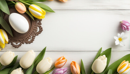 Easter eggs on bright wooden background with tulips