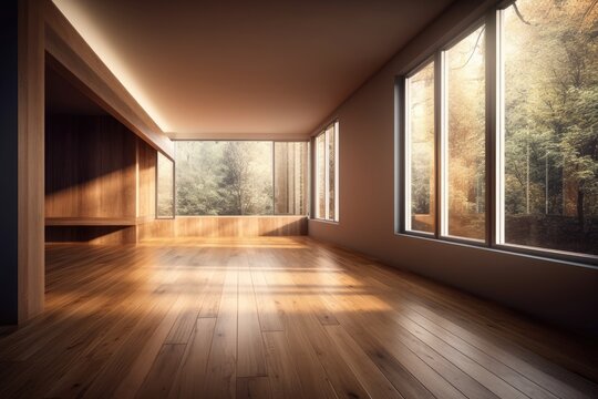 Brown walls, a white ceiling, a sizable window, glossy parquet flooring, and a white plinth may be found in an empty interior corner. A perspective. with a Window Work Path. 7680x4320 in 8K Ultra HD
