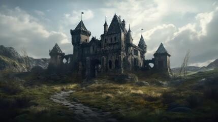 Abandoned Medieval Castle Ruins in the Moor, Concept Art, Digital Illustration, Generative AI - obrazy, fototapety, plakaty