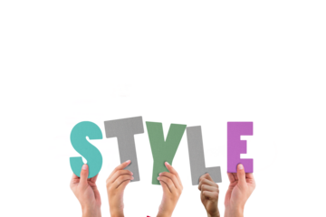 Colorful alphabet spelling style held up by people 