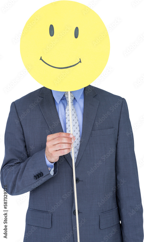 Poster Businessman holding happy smiley in front of face