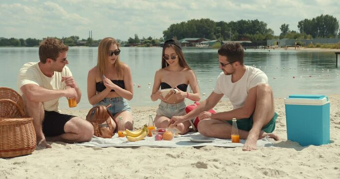 A happy company of cheerful friends have a picnic on the beach