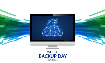 Backup Day World PC monitor with cloud icon, vector art illustration.