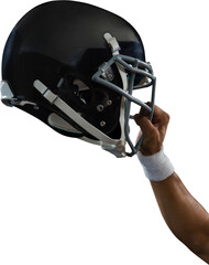 Cropped hand of player holding sports helmet