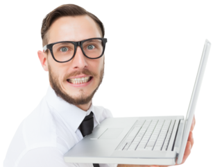 Geeky businessman holding his laptop