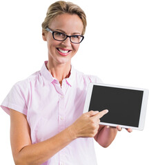 Portrait of smiling teacher holding digital tablet - obrazy, fototapety, plakaty