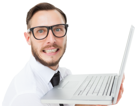 Geeky businessman holding his laptop - Powered by Adobe