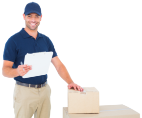 Happy delivery man with cardboard boxes and clipboard