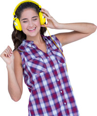 Pretty brunette listening music with headphone 