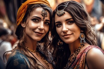 Two beautiful women with gypsy style outfit posing and looking at camera. Generative AI - obrazy, fototapety, plakaty