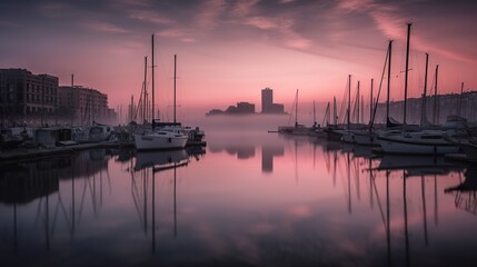 Fototapeta na wymiar Yacht harbor at dawn with city behind, calm water, pink feather clouds reflected in sea water, marina, AI generative