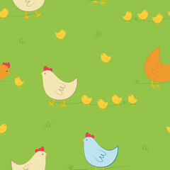 Vector seamless pattern with chickens and chicks characters in cartoon style on green grass. Vector seamless background with farm poultries