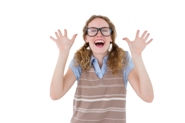 Geeky hipster woman smiling and showing her hands 
