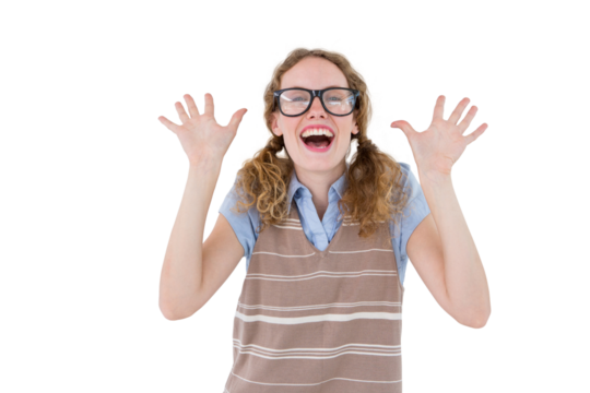 Geeky hipster woman smiling and showing her hands 