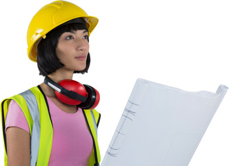 Female architect holding blueprint against white background