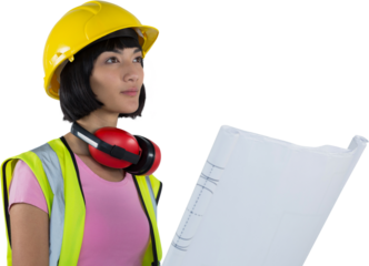 Female architect holding blueprint against white background