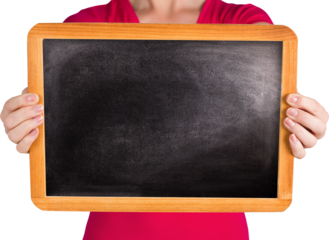 Mid section of woman showing chalkboard
