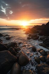 Rocky beach dramatic sunset. Generative AI vertical shot