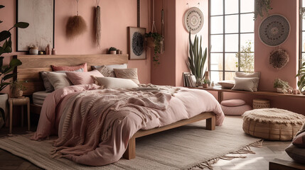 The nomadic boho-inspired bedroom features a rustic decor and a mockup frame on the wall.