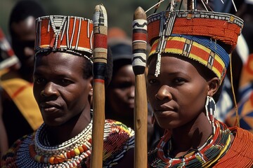 Young couple coming from Zulu tribe in African wearing traditional costumes. Generative AI - obrazy, fototapety, plakaty