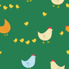 Obraz premium Vector seamless pattern with chickens and chicks characters in cartoon style on green grass. Vector seamless background with farm poultries