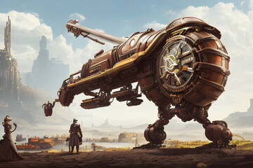 A huge steampunk machine and future city, 3d retro technology illustration fantastic wallpaper. Generative Ai.