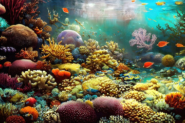 Obraz na płótnie Canvas Coral reef underwater illustration, beautiful undersea coral reef background. Generative Ai.