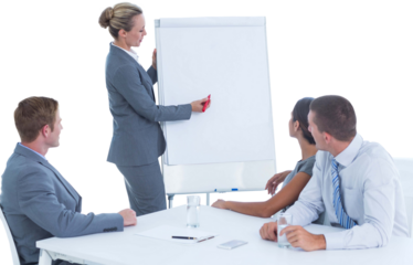 Manager presenting whiteboard to his colleagues
