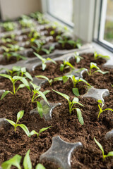 Green young pepper plants in a box.