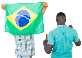 Football fans cheering while holding flag and beer