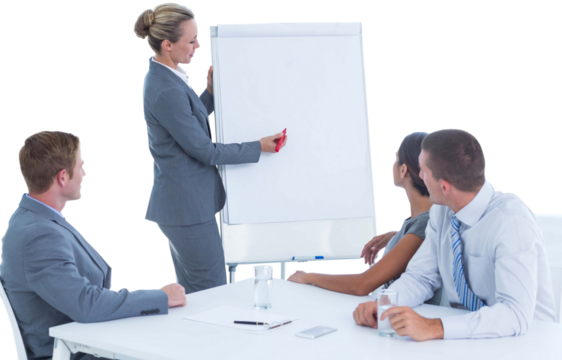 Manager presenting whiteboard to his colleagues