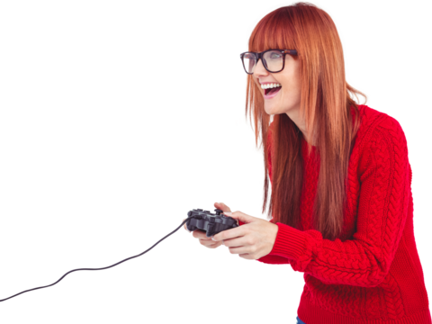 Smiling hipster woman playing video games