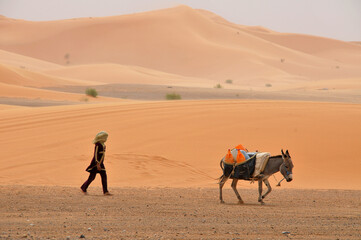 Campesina con burro en el desierto de Erg Chebbi en Marruecos