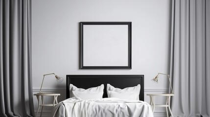 A big blank Framed poster mockup above a double-size bed with furniture of minimal grey-white tone, A comfort bedroom with a small plant and lamp, and A mockup for Abstract Art
