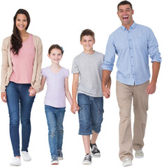 Portrait of happy family walking over white background