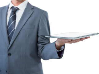 Midsection of businessman holding tablet pc