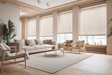 Beige toned wooden living room. Venetian shades, fabric sofa, cushions. Farmhouse decor,. Generative AI