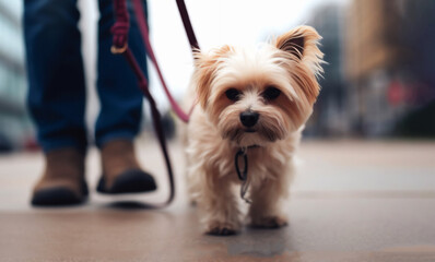 Little Yorkshire Terrier on a leash walking around town, front view. Photo-style image created with generative AI.